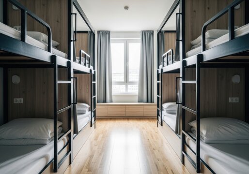 modern minimalist hostel bunk beds with natural light and cozy ambiance