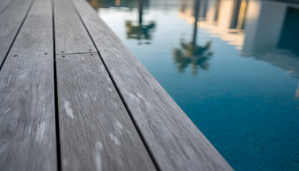 Fototapeta premium Modern Wooden Pool Deck Border with Clear Blue Swimming Pool Water and Tropical Reflection