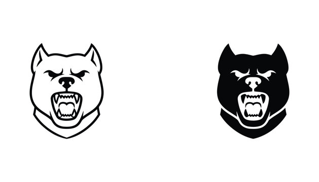Aggressive pitbull dog head vector illustration showing snarling expression in both outline and solid black silhouette styles for mascot logo design