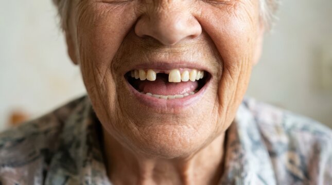 Close up of elderly woman's mouth smiling with missing teeth showing joy and happiness.