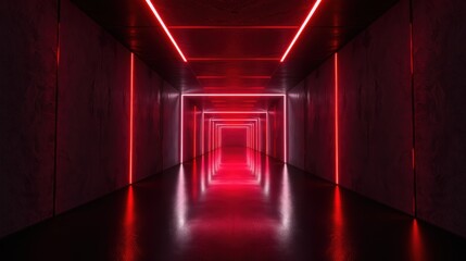 Fototapeta premium Dark corridor features repeating red light lines. Minimalist design creates infinite perspective, dramatic mood. Futuristic, sleek aesthetic.