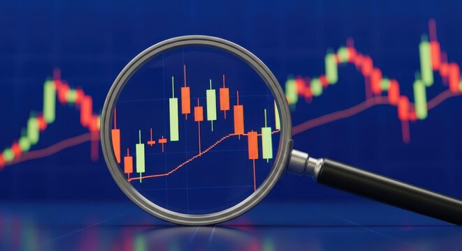 Magnifying glass analyzing market chart with candlestick patterns in financial trading environment