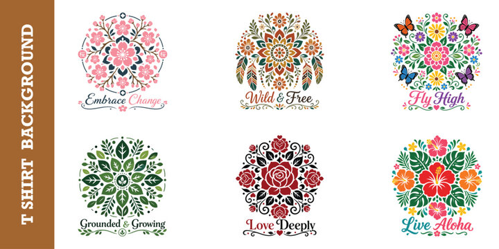 Bohemian floral graphics featuring motivational phrases and artistic nature illustrations.