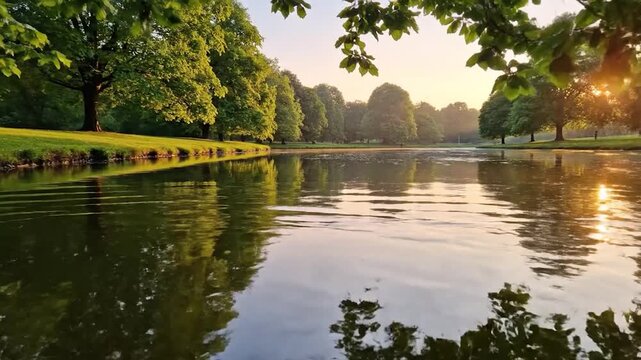 Tranquil park lake at sunrise with reflections and lush green trees