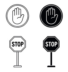 Obraz premium Black and white silhouette icons of traffic and safety symbols including circular hand signs and octagonal stop signs arranged in a balanced grid highlighting caution and regulation