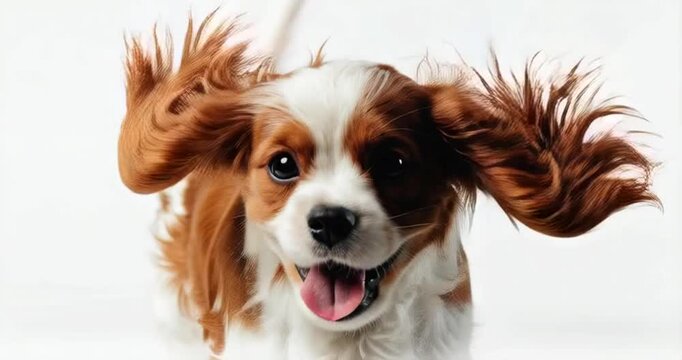 Pure youth crazy. English cocker spaniel young dog is posing. Cute playful white-braun doggy or pet is playing and looking happy isolated on white background. Concept of motion, action, movement