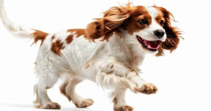Pure youth crazy. English cocker spaniel young dog is posing. Cute playful white-braun doggy or pet is playing and looking happy isolated on white background. Concept of motion, action, movement
