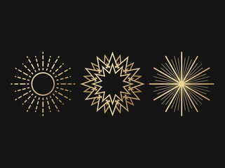 Fototapeta premium Golden Celestial Sunburst and Geometric Star Icons Set on Dark Background. Luxury Minimalist Sun and Star Design Elements for Branding and Web.