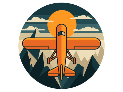 Vintage Flat Style Illustration of an Orange Airplane Flying Over Mountains at Sunset in a Circular Emblem