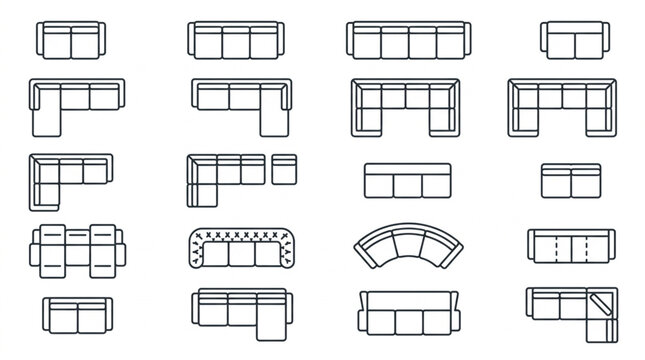 Various sofa and couch floor plan layouts and designs.
