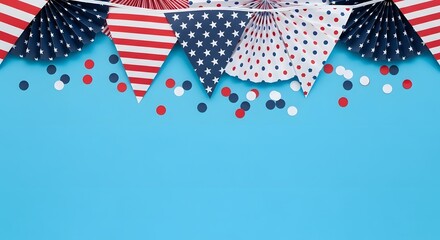 Obraz premium Patriotic party decorations with american flag bunting and confetti on a blue background