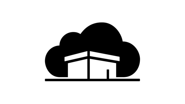 Minimalist vector icon illustration of a white building or suggestion box silhouette set against a solid black cloud, representing cloud computing, feedback loops, and digital data storage systems.