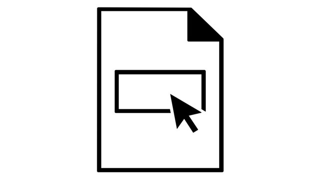 Minimalist black and white vector icon illustration of a digital document with a folded corner, featuring a rectangular input field and a mouse cursor clicking to fill out a business form.