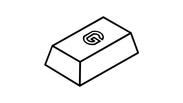 Minimalist vector icon illustration of a single rectangular gold bar ingot featuring a stamped letter G. Clean black and white line art design representing wealth, finance, and investment.