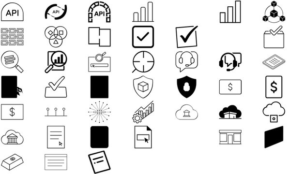 Mega Collection of 45 Business Technology Vector Icons: Minimalist Line Art Bundle for Data Analysis, API, Blockchain, Finance, Cybersecurity, and Productivity. Clean Flat Graphic Design Elements.