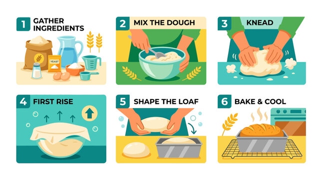Educational vector infographic illustrating the six essential steps for baking fresh homemade bread in a simple and clear artistic style