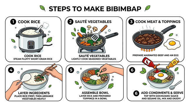 A detailed instructional infographic showing six clear steps on how to prepare and assemble a traditional korean bibimbap rice bowl