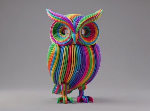 Vibrant Rainbow Owl Sculpture Made of Twisted Plastic Strips &ndash; Abstract Modern Art Decor