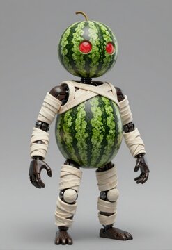 Watermelon Robot Mummy Character With Red Eyes Wrapped In Bandages Standing Against Gray Background