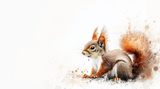A detailed watercolor illustration features a fluffy red squirrel with expressive eyes and a bushy tail