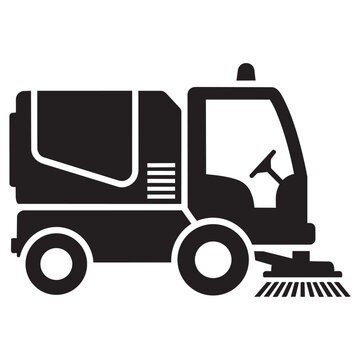 Black silhouette icon of a municipal street sweeper truck vehicle equipped with rotating brushes symbolizing urban cleaning and sanitation services public service cleaning
