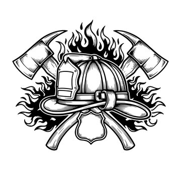 Vintage Firefighter Helmet Badge Line Art
