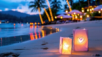 Obraz premium Romantic Beach Evening with Lanterns and Bokeh Lights on Calm Water at Twilight