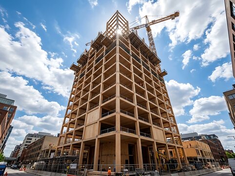 AI generated. Towering view of a modern multi-story tall timber building under construction, featuring cross-laminated timber (CLT) panels and glulam beams, illustrating sustainable urban architecture