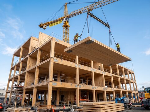 IA generated. Large-scale construction site of a modern multi-story building using mass timber, cross-laminated timber (CLT), and glulam beams, showcasing sustainable urban architecture and eco-friend