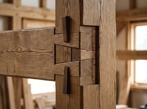 AI generated. Close-up of a traditional timber frame joint with wooden pegs, showcasing intricate woodworking craftsmanship and historical post-and-beam construction techniques in an interior setting.