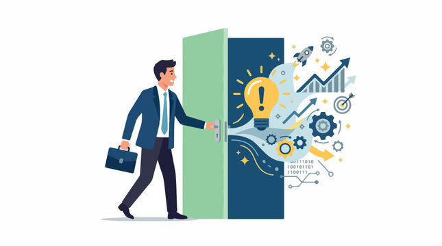 Businessman stepping through a doorway into data driven opportunity and growth visualization