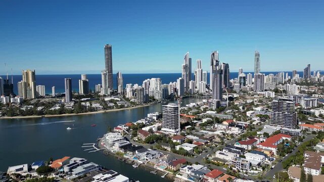 Drone view of Gold Coast cityscape on ocean coast with high rise buildings and modern architecture in Queensland Australia