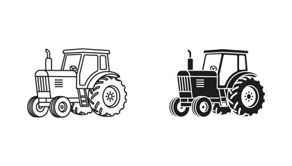 Agricultural farm tractor outline and solid black silhouette vector icons for farming and machinery design isolated on white background © Canvas