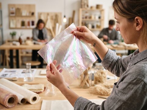 AI generated. Young female scientist or designer examining a sheet of iridescent biodegradable bioplastic made from organic waste in a sustainable materials laboratory.