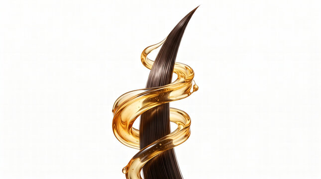 Close-up of a single strand of healthy, dark hair with a golden, nourishing serum spiraling around it, against a pure white background