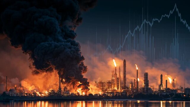Industrial oil refinery explosion sending black smoke and flames into a dark sky, symbolizing energy crisis, environmental disaster and rising market volatility with stock graph overlay