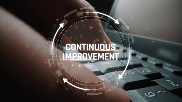 Close-Up View of Hand on Keyboard Emphasizing Continuous Improvement Concept with Digital Effects and Overlay Text Sigmoid