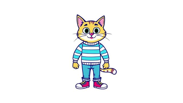Cute cat character dancing on white background. Loop.