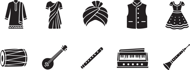 Traditional Indian clothing, musical instruments icons, black and white, 8 elements, vector graphics © NusratJahan