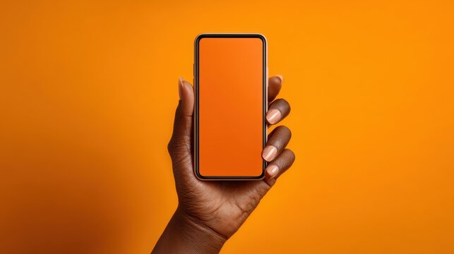 Vibrant Hand Holding a Smartphone Against a Bright Orange Background for Modern Tech and Lifestyle Concepts