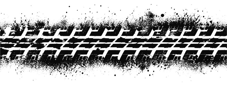 Black tire track isolated on white background with grunge details, textured vehicle print.