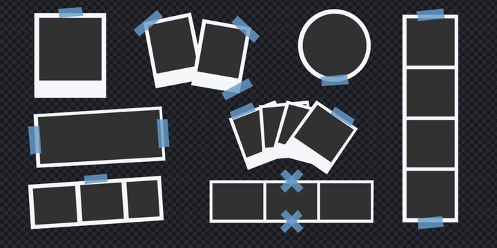 Retro instant photo frame and polaroid template set. Isolated vector illustration of blank photography film frames with blue adhesive tape on transparent background for collage design.