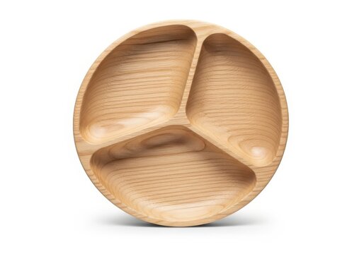A wooden plate with three compartments