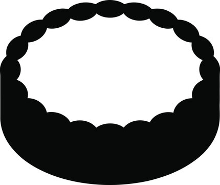 A black silhouette of a round cake with a decorative scalloped or ruffled edge, isolated on a white background, representing a celebration, birthday, wedding, or dessert in a style