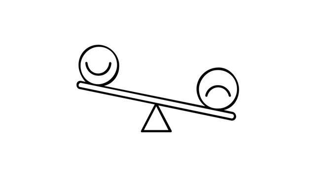 Minimalist vector illustration of a seesaw balancing a happy smiley face and a sad frowning face, representing emotional stability, mental health awareness, and the contrast of human moods.