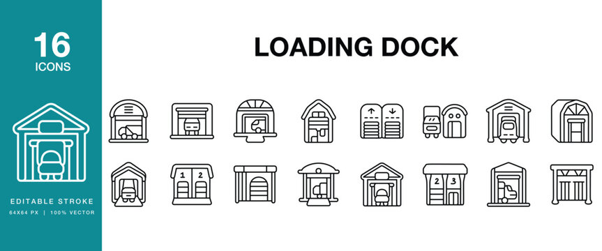 Loading Dock icon set. Includes loading, dock, warehouse, logistics, shipping, receiving and More. Editable Stroke Icon Collection.