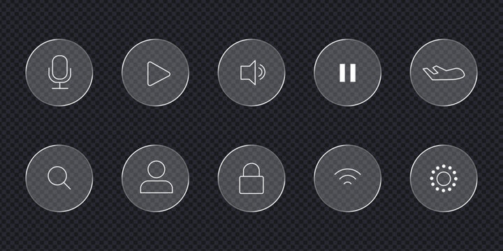 Glassmorphism circle UI icon set with frosted glass effect. Isolated vector illustration of transparent button frames for web and mobile app interface design on dark background.