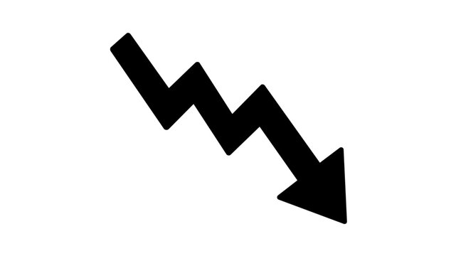 Minimalist black downward jagged arrow vector icon representing stock market decline, financial loss, economic recession, and short selling. Clean flat design illustration for business data.