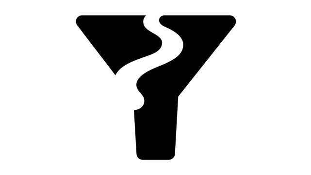 Minimalist vector illustration of a funnel icon featuring a winding path or river inside, symbolizing a sales funnel journey, data processing, conversion workflow, and strategic business path.