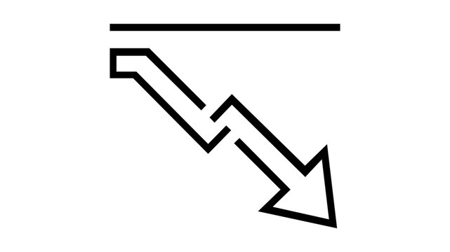 Minimalist vector icon illustration of a downward zigzag arrow below a line, representing short selling, stock market crash, bearish financial trends, and economic loss in a clean flat style